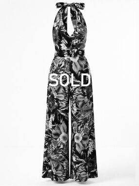 SOLD!!! Tropical Floral Halter Wide-Leg Jumpsuit Boho Hibiscus Palm Print S-M